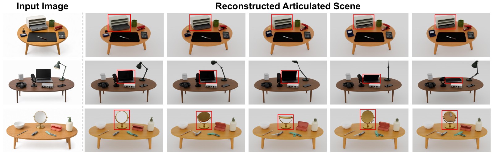 ArticuTable: input images and reconstructed articulated tabletop scenes